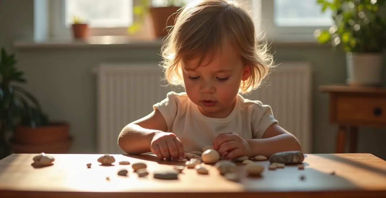 Portrait d'enfant concentré organisant ses trésors et collections personnelles