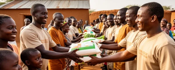 Bénévoles distribuant des colis alimentaires à des familles dans un village ensoleillé
