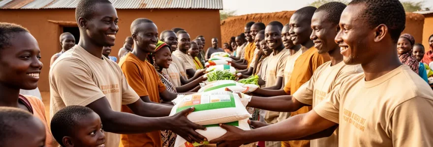 Bénévoles distribuant des colis alimentaires à des familles dans un village ensoleillé