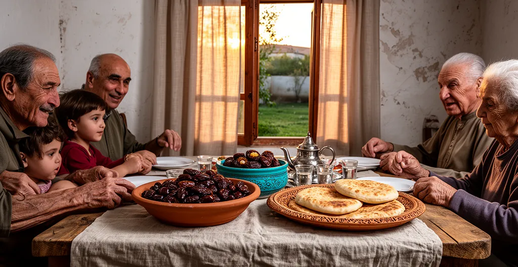 Famille multigénérationnelle partageant un repas Iftar