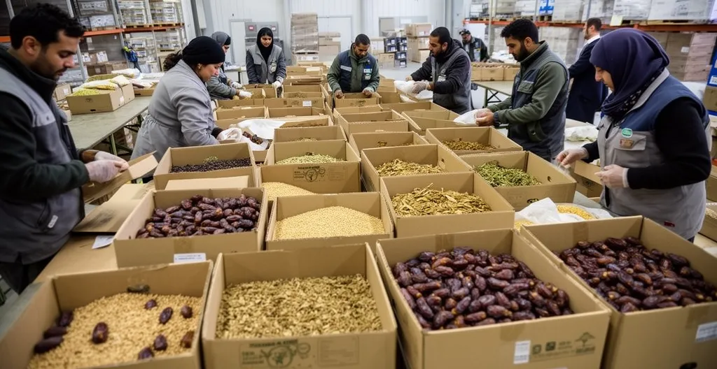 Équipe humanitaire préparant des colis alimentaires dans un entrepôt